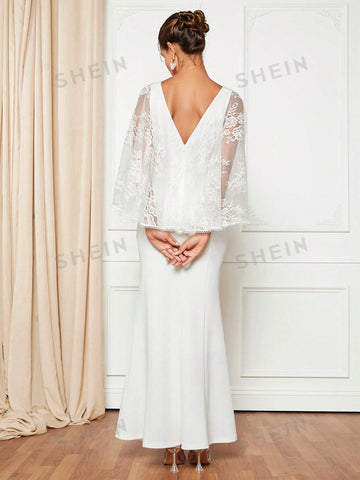 Contrast Lace Cloak Sleeve Mermaid Hem Wedding Dress Without Veil