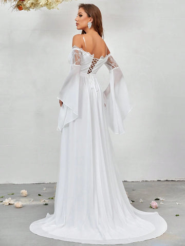 Contrast Lace Cold Shoulder Flounce Sleeve Lace Up Backless Floor Length Wedding Dress