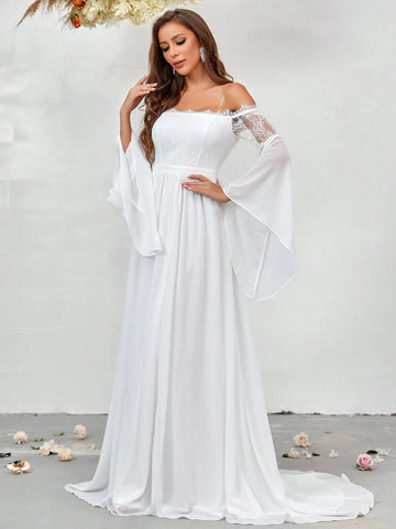 Contrast Lace Cold Shoulder Flounce Sleeve Lace Up Backless Floor Length Wedding Dress