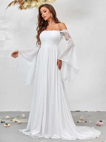 Contrast Lace Cold Shoulder Flounce Sleeve Lace Up Backless Floor Length Wedding Dress