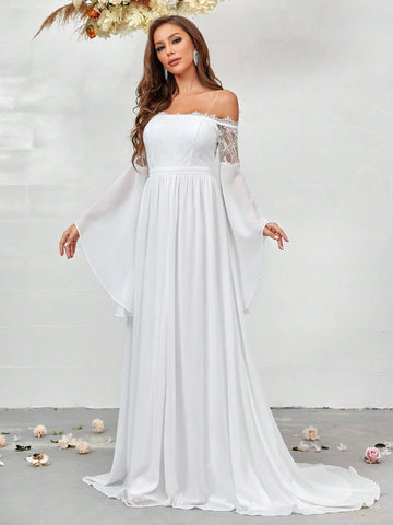 Contrast Lace Cold Shoulder Flounce Sleeve Lace Up Backless Floor Length Wedding Dress
