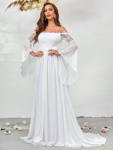 Contrast Lace Cold Shoulder Flounce Sleeve Lace Up Backless Floor Length Wedding Dress