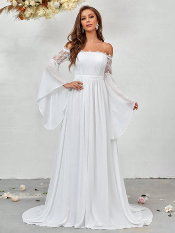 Contrast Lace Cold Shoulder Flounce Sleeve Lace Up Backless Floor Length Wedding Dress