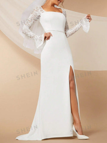 Contrast Lace Flounce Sleeve Split Thigh Wedding Dress Without Veil