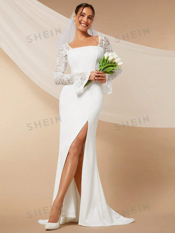 Contrast Lace Flounce Sleeve Split Thigh Wedding Dress Without Veil