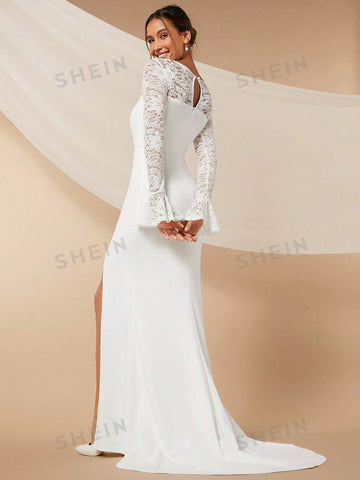 Contrast Lace Flounce Sleeve Split Thigh Wedding Dress Without Veil