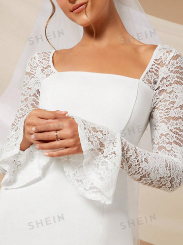 Contrast Lace Flounce Sleeve Split Thigh Wedding Dress Without Veil