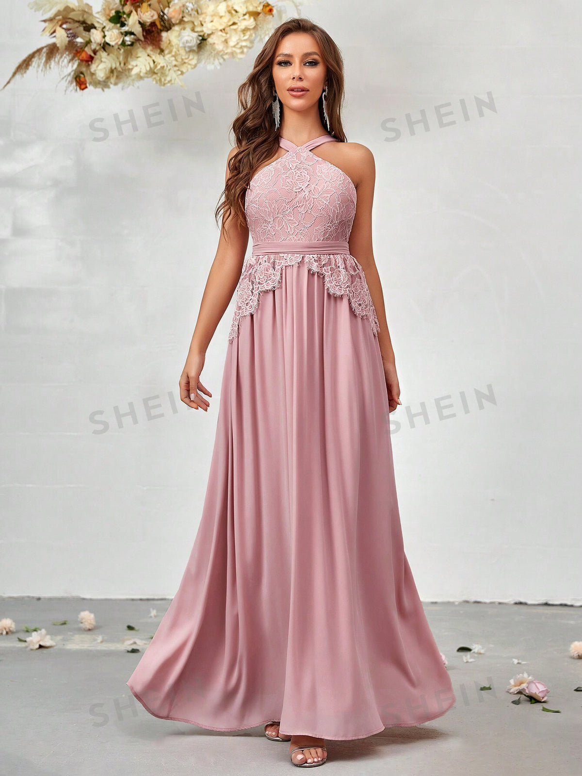 Contrast Lace Halter Neck Chiffon Bridesmaid Dress