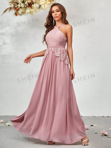Contrast Lace Halter Neck Chiffon Bridesmaid Dress