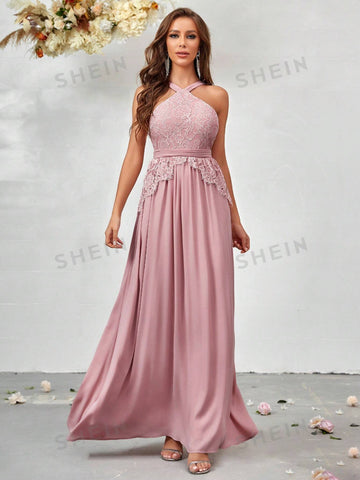 Contrast Lace Halter Neck Chiffon Bridesmaid Dress