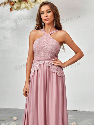 Contrast Lace Halter Neck Chiffon Bridesmaid Dress