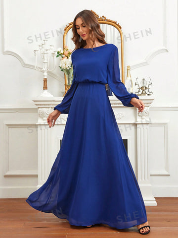 Contrast Lace Lantern Sleeve Backless Chiffon Bridesmaid Dress