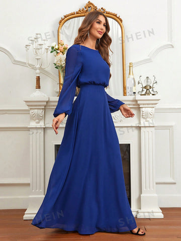 Contrast Lace Lantern Sleeve Backless Chiffon Bridesmaid Dress