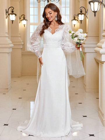 Contrast Lace Lantern Sleeve Split Thigh Wedding Dress