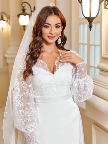 Contrast Lace Lantern Sleeve Split Thigh Wedding Dress