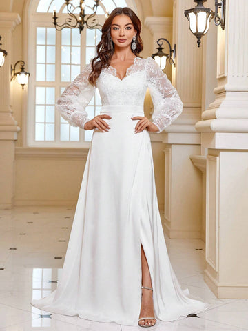 Contrast Lace Lantern Sleeve Split Thigh Wedding Dress