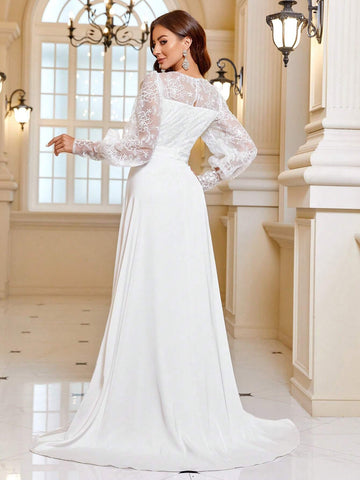 Contrast Lace Lantern Sleeve Split Thigh Wedding Dress