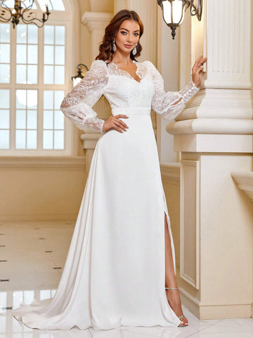 Contrast Lace Lantern Sleeve Split Thigh Wedding Dress