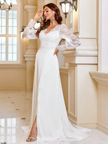 Contrast Lace Lantern Sleeve Split Thigh Wedding Dress