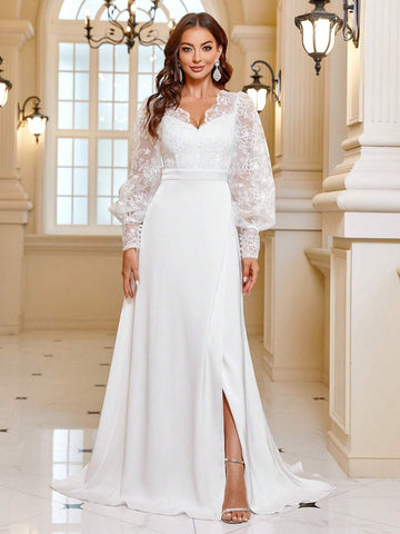 Contrast Lace Lantern Sleeve Split Thigh Wedding Dress