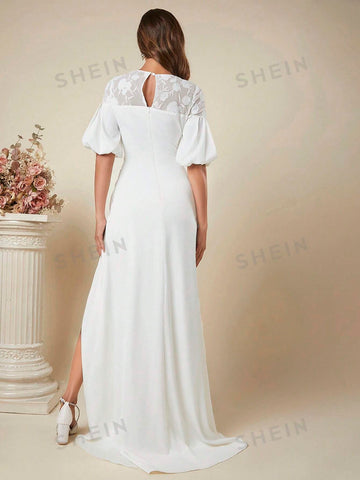 Contrast Lace Lantern Sleeve Wrap Hem Wedding Dress