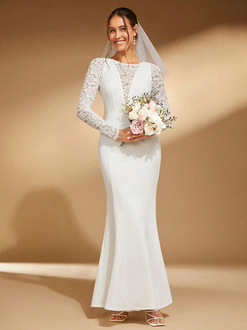Contrast Lace Mermaid Hem Wedding Dress Without Veil