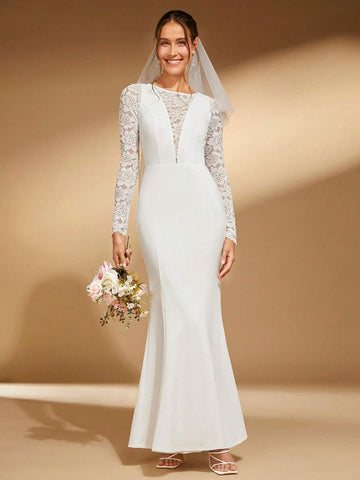 Contrast Lace Mermaid Hem Wedding Dress Without Veil