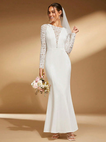 Contrast Lace Mermaid Hem Wedding Dress Without Veil