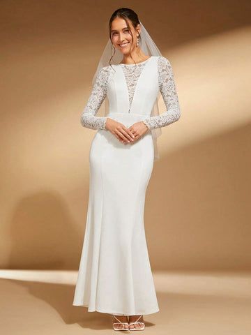 Contrast Lace Mermaid Hem Wedding Dress Without Veil