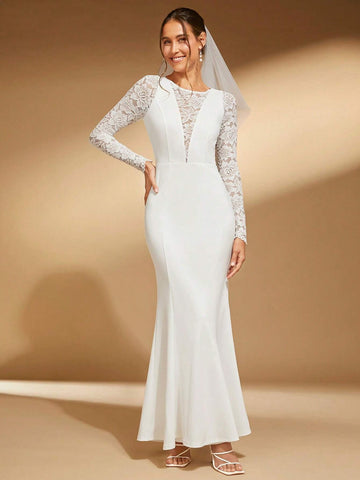 Contrast Lace Mermaid Hem Wedding Dress Without Veil