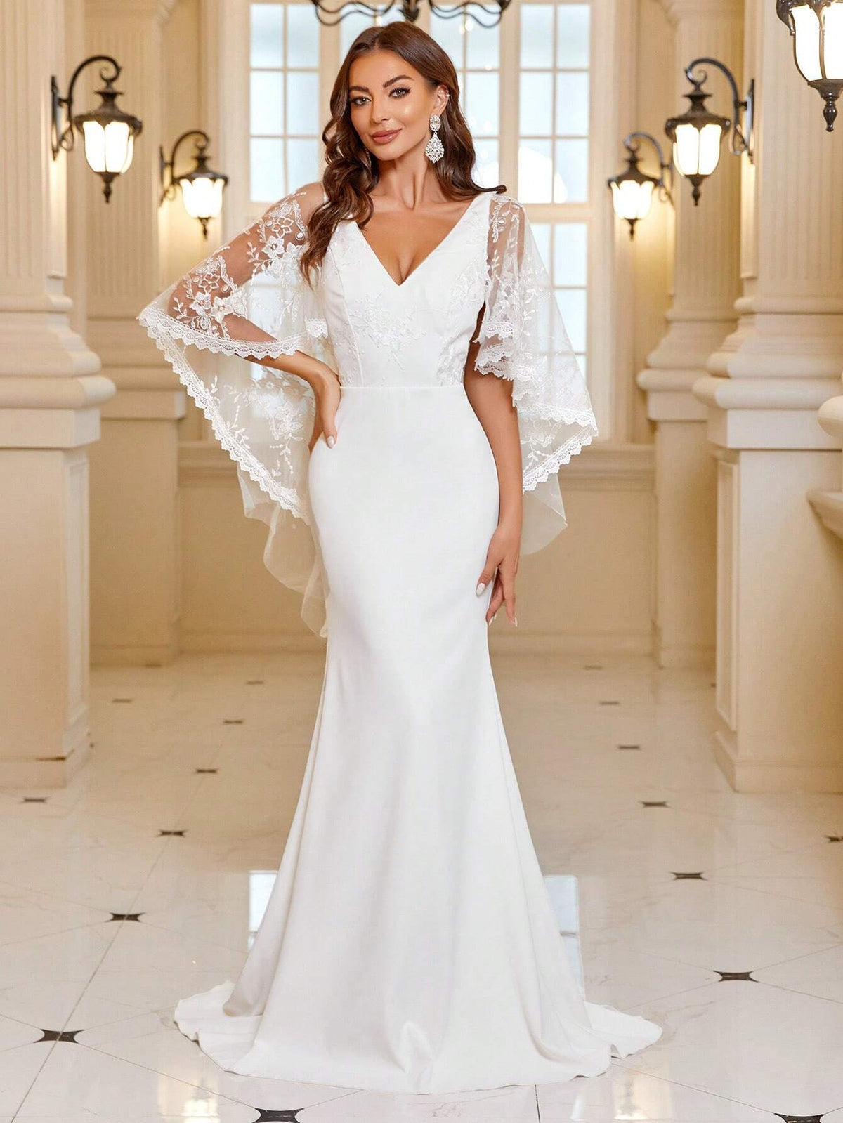 Contrast Lace Mesh Floor Length Wedding Dress Without Veil