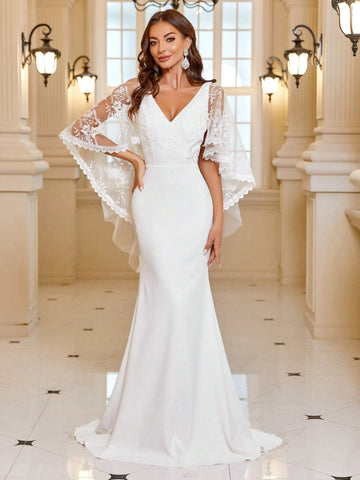 Contrast Lace Mesh Floor Length Wedding Dress Without Veil