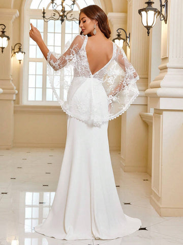Contrast Lace Mesh Floor Length Wedding Dress Without Veil