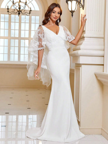 Contrast Lace Mesh Floor Length Wedding Dress Without Veil