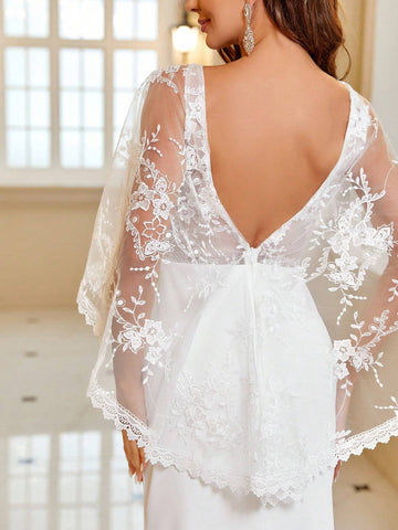 Contrast Lace Mesh Floor Length Wedding Dress Without Veil