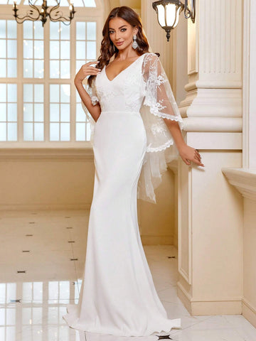 Contrast Lace Mesh Floor Length Wedding Dress Without Veil