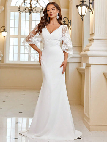 Contrast Lace Mesh Floor Length Wedding Dress Without Veil