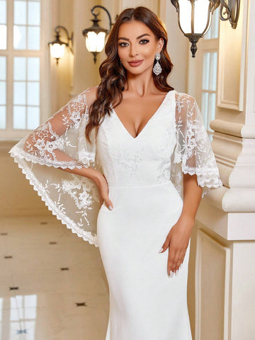 Contrast Lace Mesh Floor Length Wedding Dress Without Veil