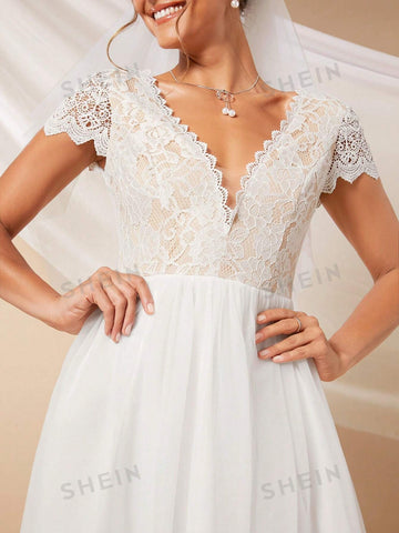 Contrast Lace Mesh Wedding Dress Without Veil