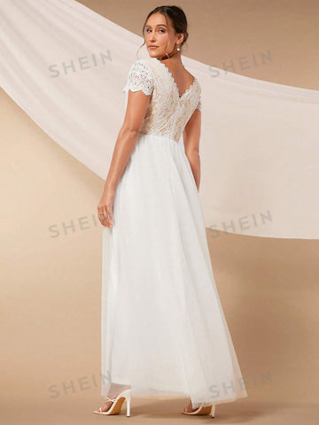 Contrast Lace Mesh Wedding Dress Without Veil