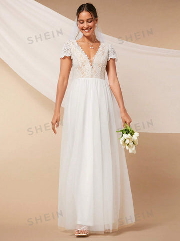 Contrast Lace Mesh Wedding Dress Without Veil