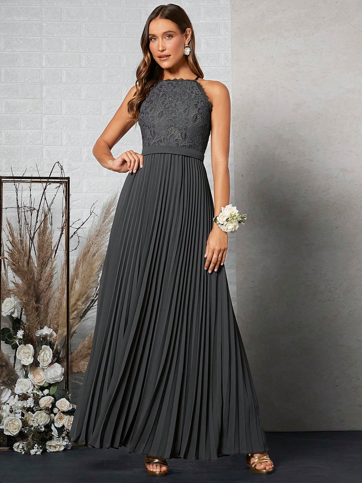 Belle Contrast Lace Pleated Hem Halter Bridesmaid Dress