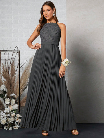 Belle Contrast Lace Pleated Hem Halter Bridesmaid Dress