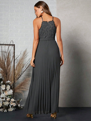 Belle Contrast Lace Pleated Hem Halter Bridesmaid Dress