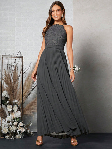 Belle Contrast Lace Pleated Hem Halter Bridesmaid Dress