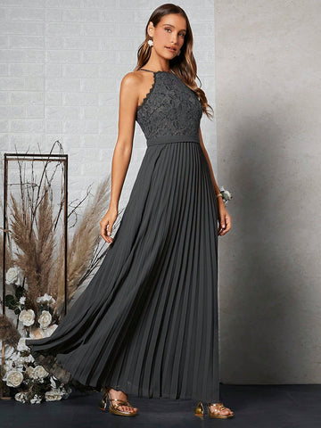 Belle Contrast Lace Pleated Hem Halter Bridesmaid Dress