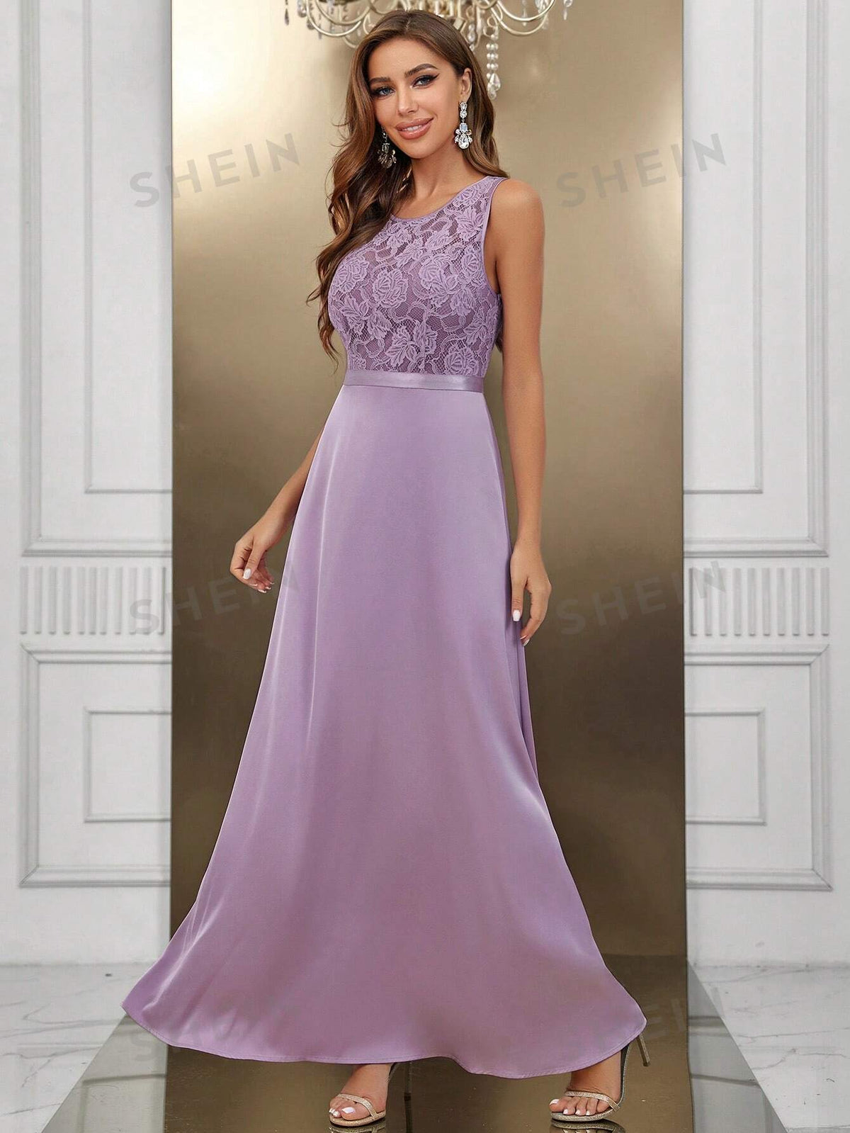 Contrast Lace Satin Bridesmaid Dress