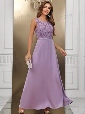 Contrast Lace Satin Bridesmaid Dress