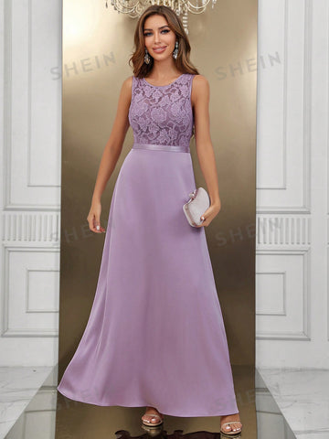Contrast Lace Satin Bridesmaid Dress