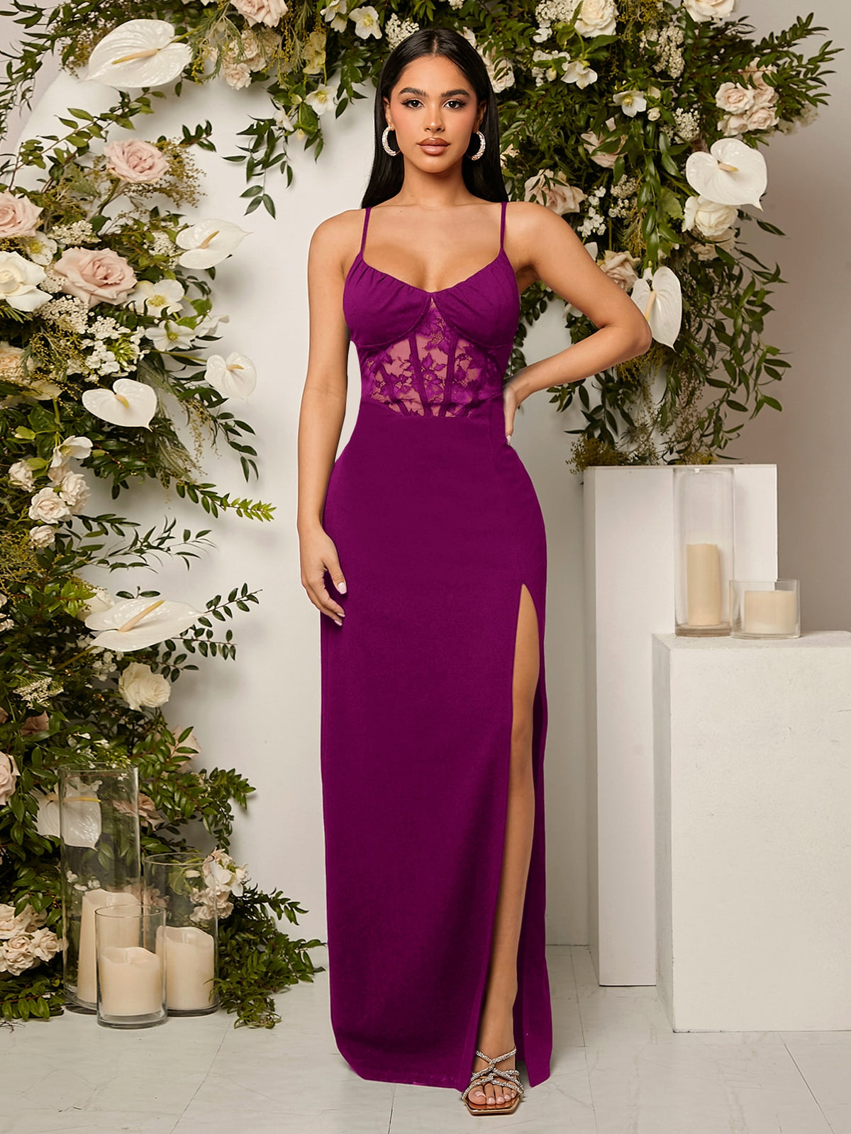 Contrast Lace Split Thigh Cami Bridesmaid Dress